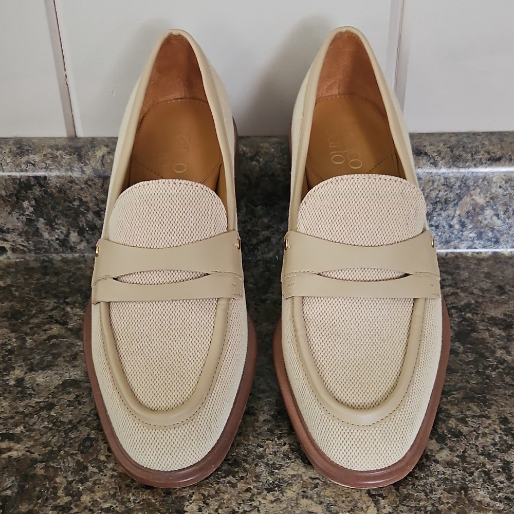 Franco Sarto Beige Canvas Textured Slip On Loafer Flats Round Toe for Women